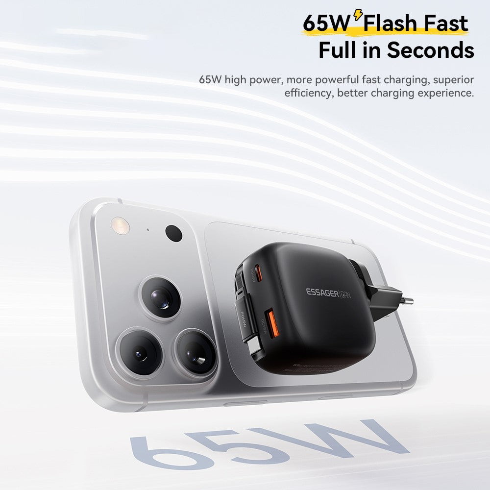 ESSAGER 65W Fast Charging GaN Travel Charger Type-C + USB-A Power Adapter with Retractable Cable