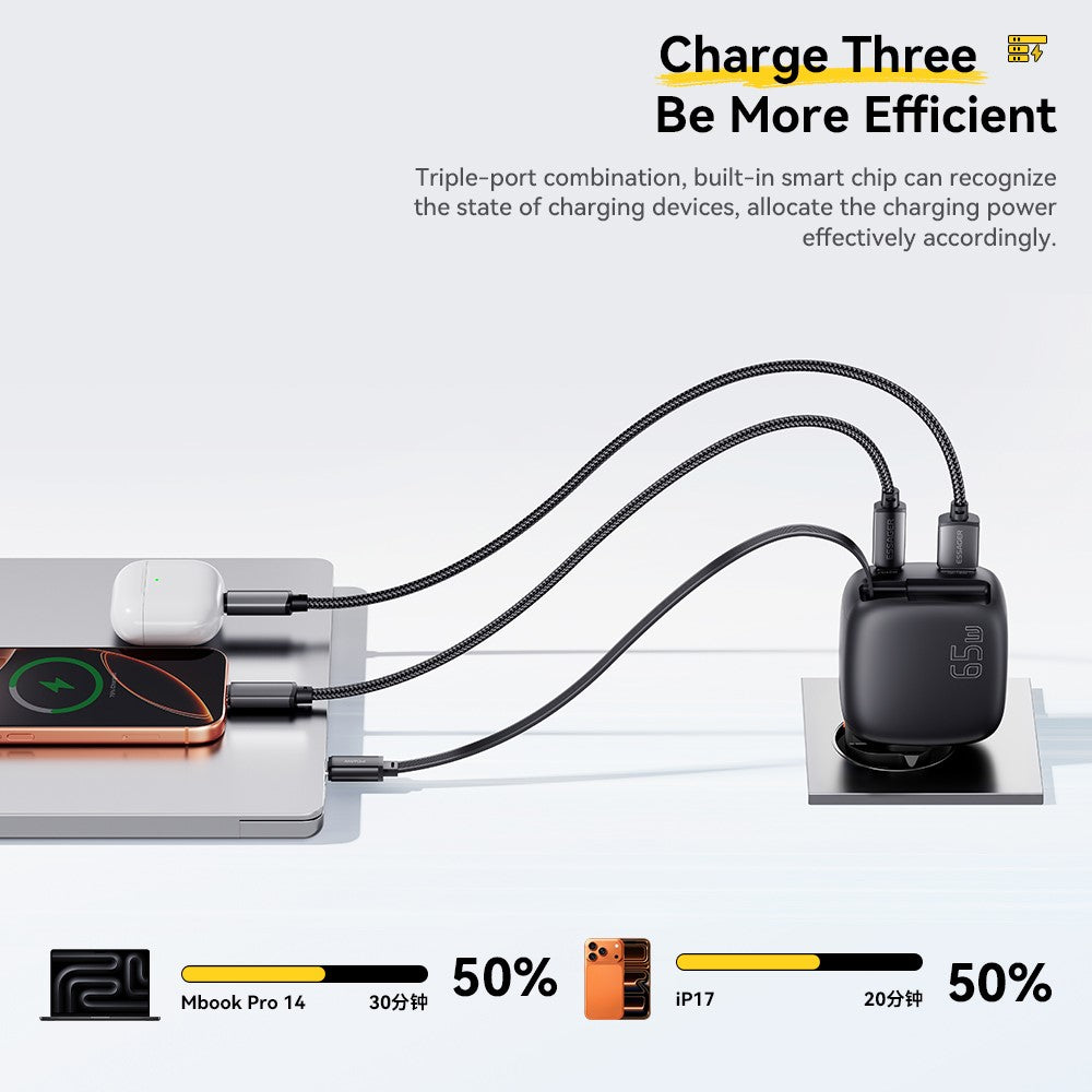 ESSAGER 65W Fast Charging GaN Travel Charger Type-C + USB-A Power Adapter with Retractable Cable