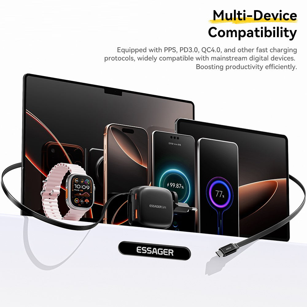 ESSAGER 65W Fast Charging GaN Travel Charger Type-C + USB-A Power Adapter with Retractable Cable