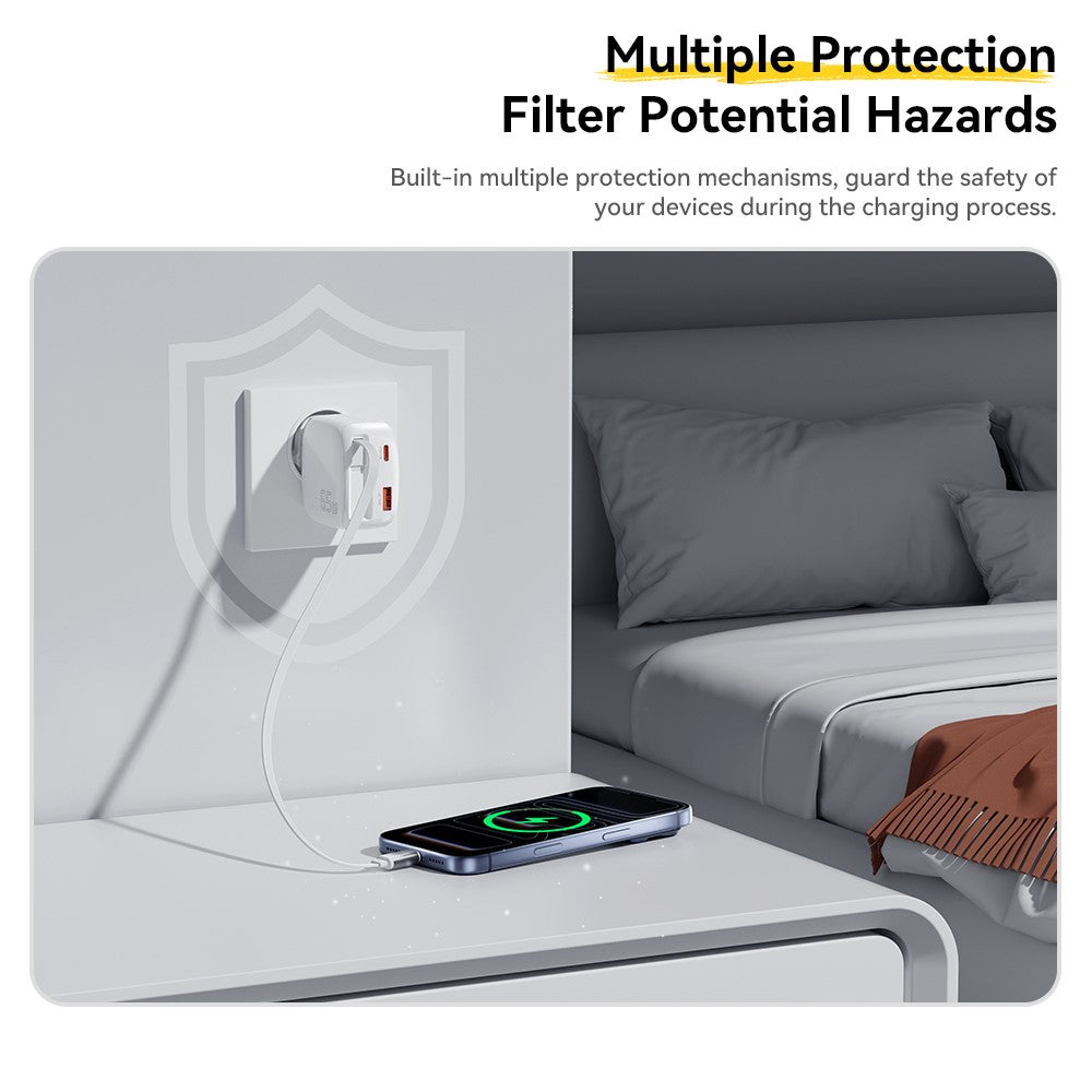 ESSAGER 65W Fast Charging GaN Travel Charger Type-C + USB-A Power Adapter with Retractable Cable