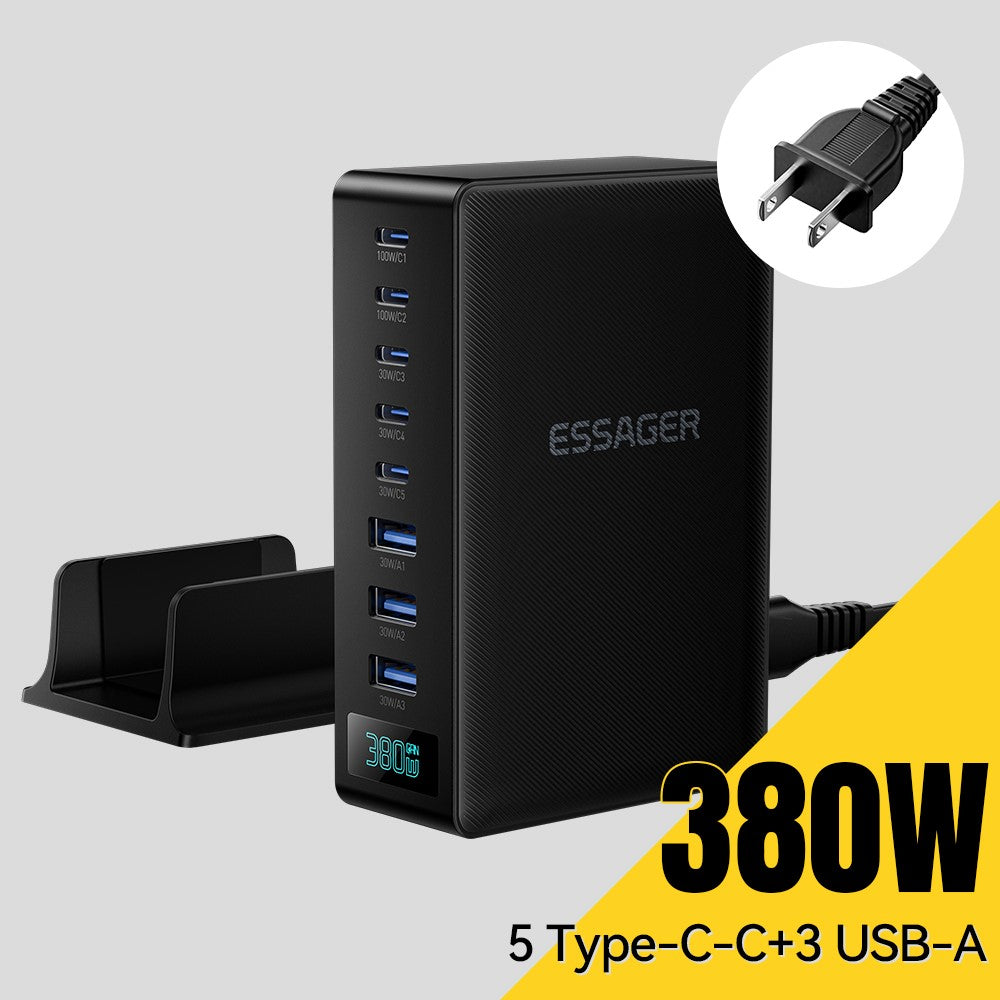 ESSAGER US Plug 100W Hurtigopladende GaN Bordlader 5 USB-C + 3 USB-A til Bærbar, Telefon, Tablet
