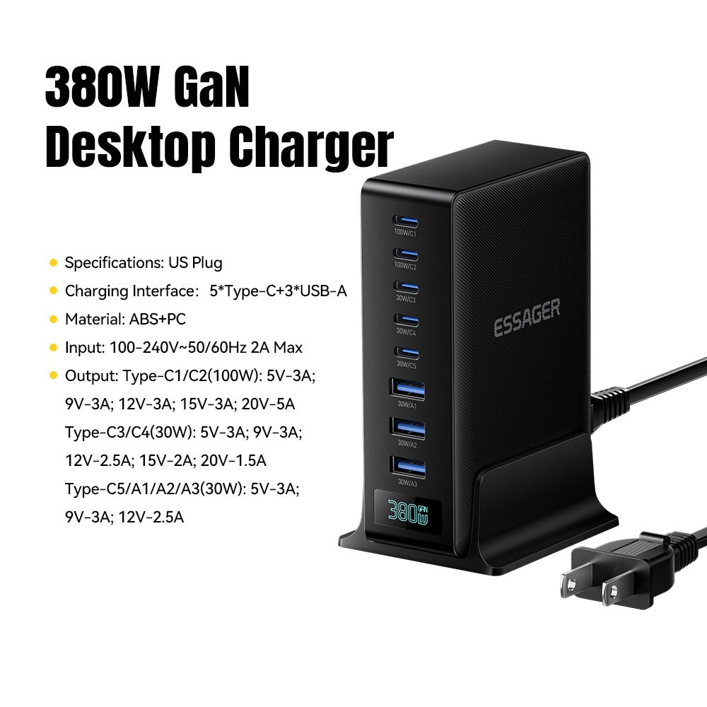 ESSAGER US Plug 100W Hurtigopladende GaN Bordlader 5 USB-C + 3 USB-A til Bærbar, Telefon, Tablet