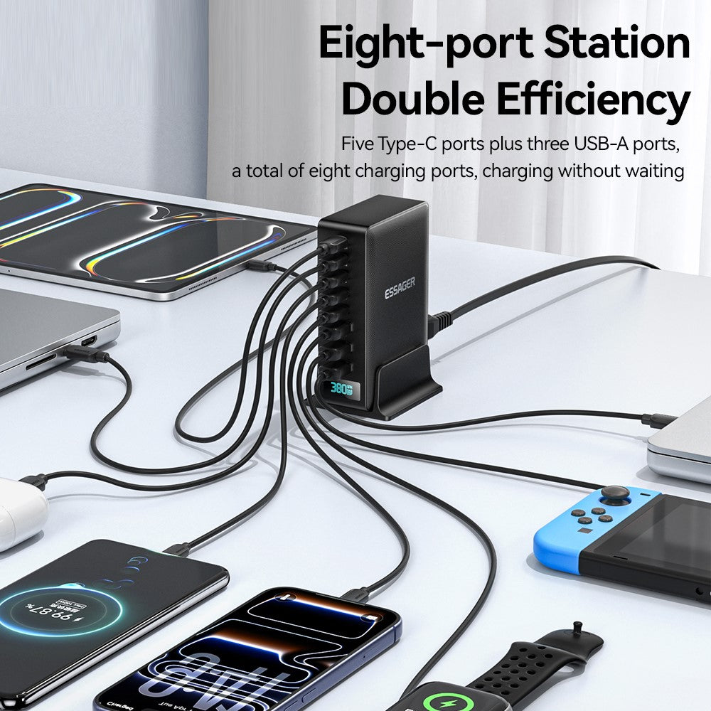 ESSAGER 100W Fast Charging GaN Desktop Charger 5 USB-C + 3 USB-A for Laptop Phone Tablet