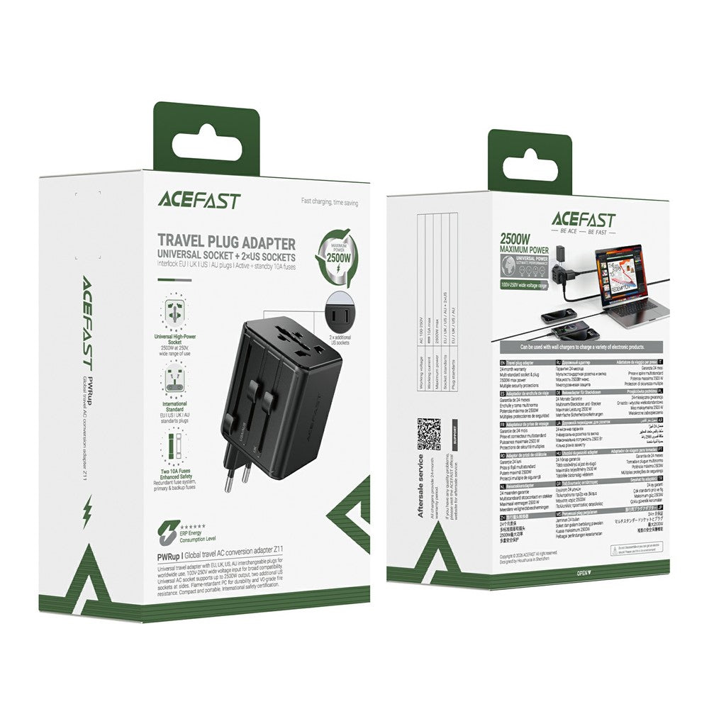 ACEFAST Z11 global rejseadapter 2500W stikkontakt 2 USB-porte EU Storbritannien USA Australien stikadapter til rejser