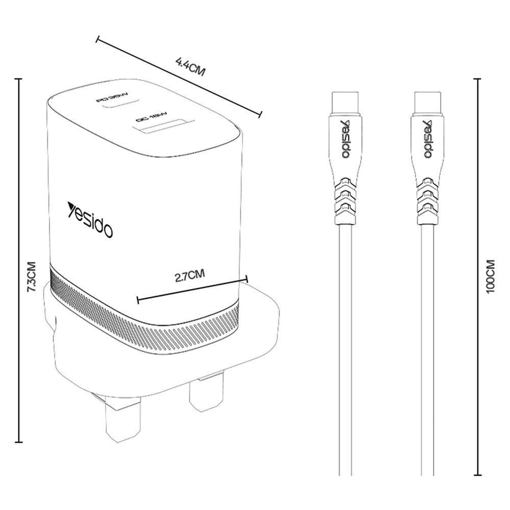 YESIDO YC154 UK Plug PD 35W USB-C + QC 18W USB-A Wall Charger Dual Port Fast Charging Adapter with 1m Type-C Cable