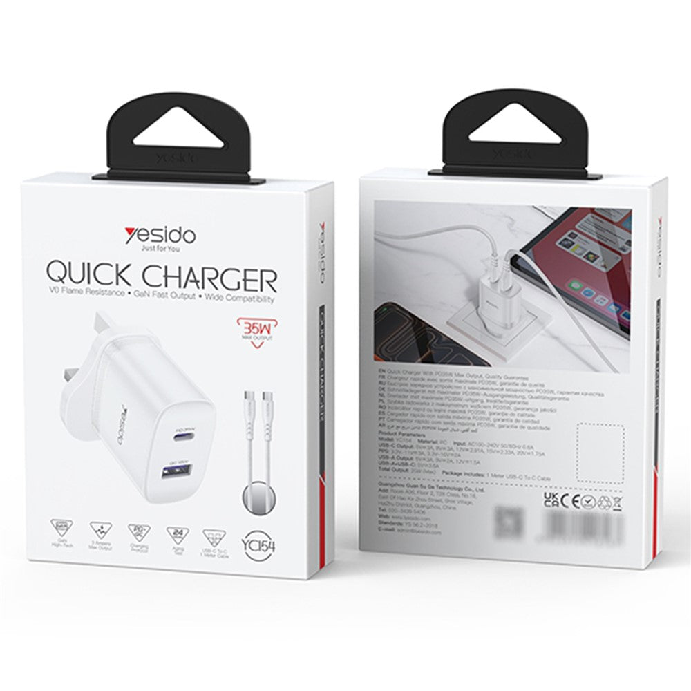 YESIDO YC154 UK-stik PD 35W USB-C + QC 18W USB-A Vægoplader Dobbeltport Hurtigopladningsadapter med 1m Type-C-kabel