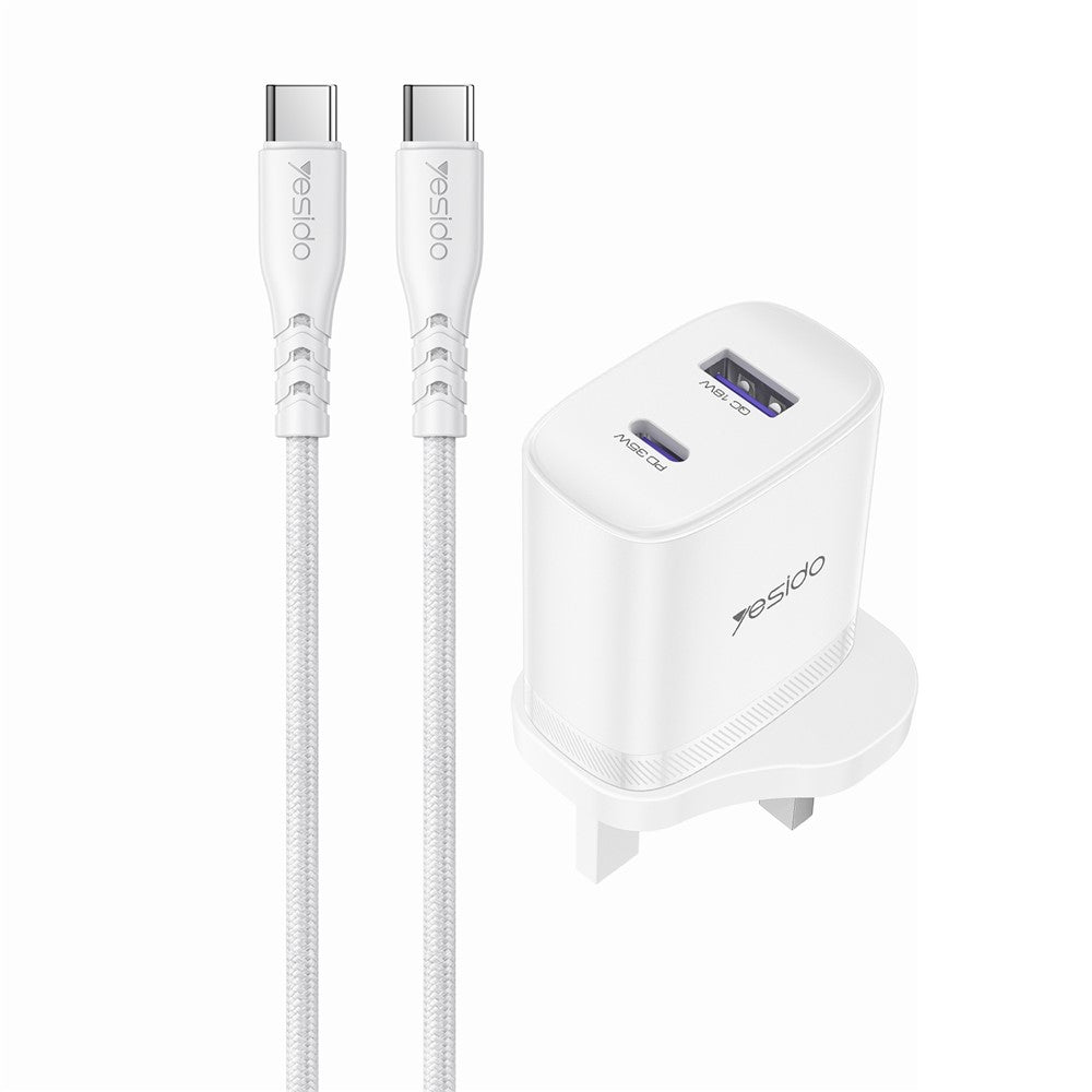 YESIDO YC154 UK-stik PD 35W USB-C + QC 18W USB-A Vægoplader Dobbeltport Hurtigopladningsadapter med 1m Type-C-kabel