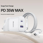 YESIDO YC154 UK-stik PD 35W USB-C + QC 18W USB-A Vægoplader Dobbeltport Hurtigopladningsadapter med 1m Type-C-kabel