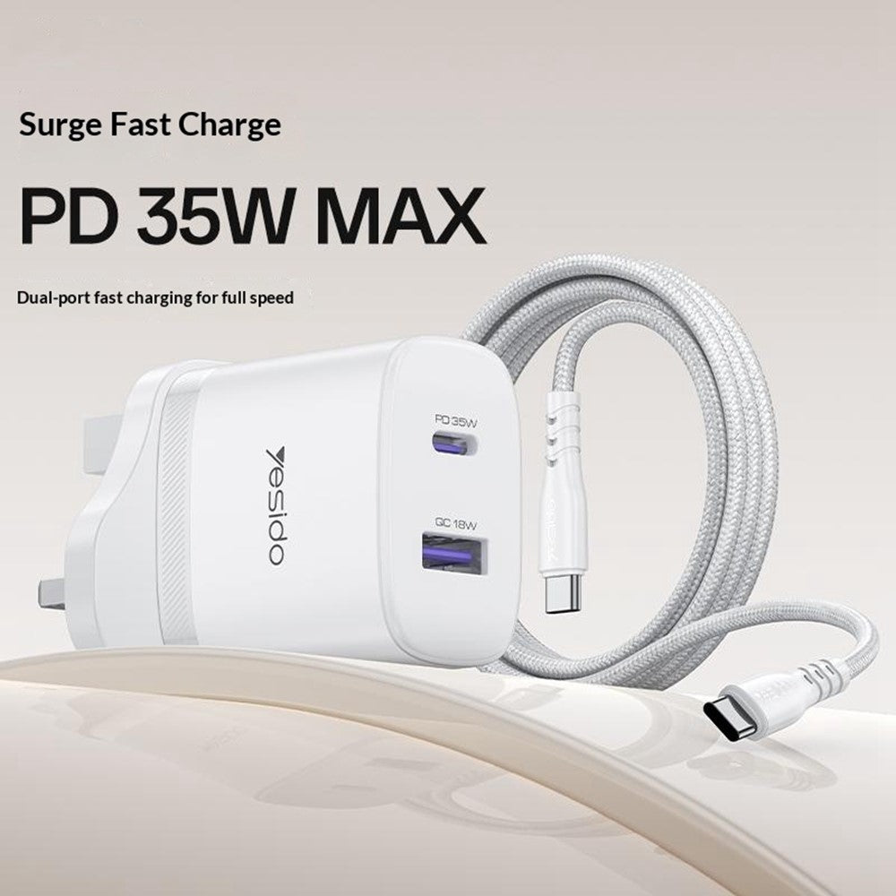 YESIDO YC154 UK-stik PD 35W USB-C + QC 18W USB-A Vægoplader Dobbeltport Hurtigopladningsadapter med 1m Type-C-kabel