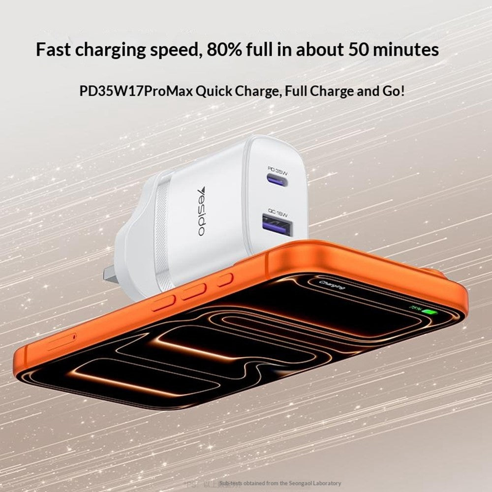 YESIDO YC154 UK-stik PD 35W USB-C + QC 18W USB-A Vægoplader Dobbeltport Hurtigopladningsadapter med 1m Type-C-kabel