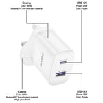 YESIDO YC154 UK-stik PD 35W USB-C + QC 18W USB-A Vægoplader Dobbeltport Hurtigopladningsadapter med 1m Type-C-kabel