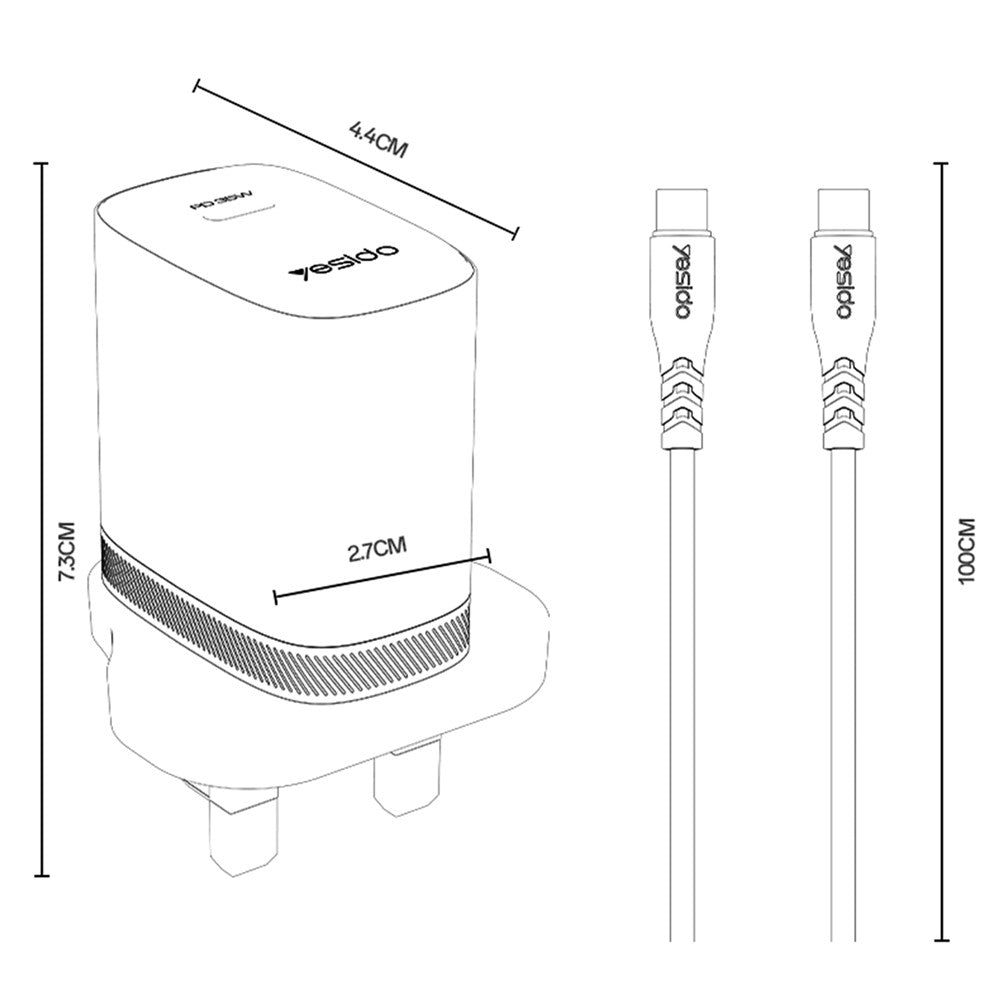 YESIDO YC153 UK Plug PD 35W USB-C Wall Charger Fast Charging Adapter with 1m Type-C Cable for Laptop Phone