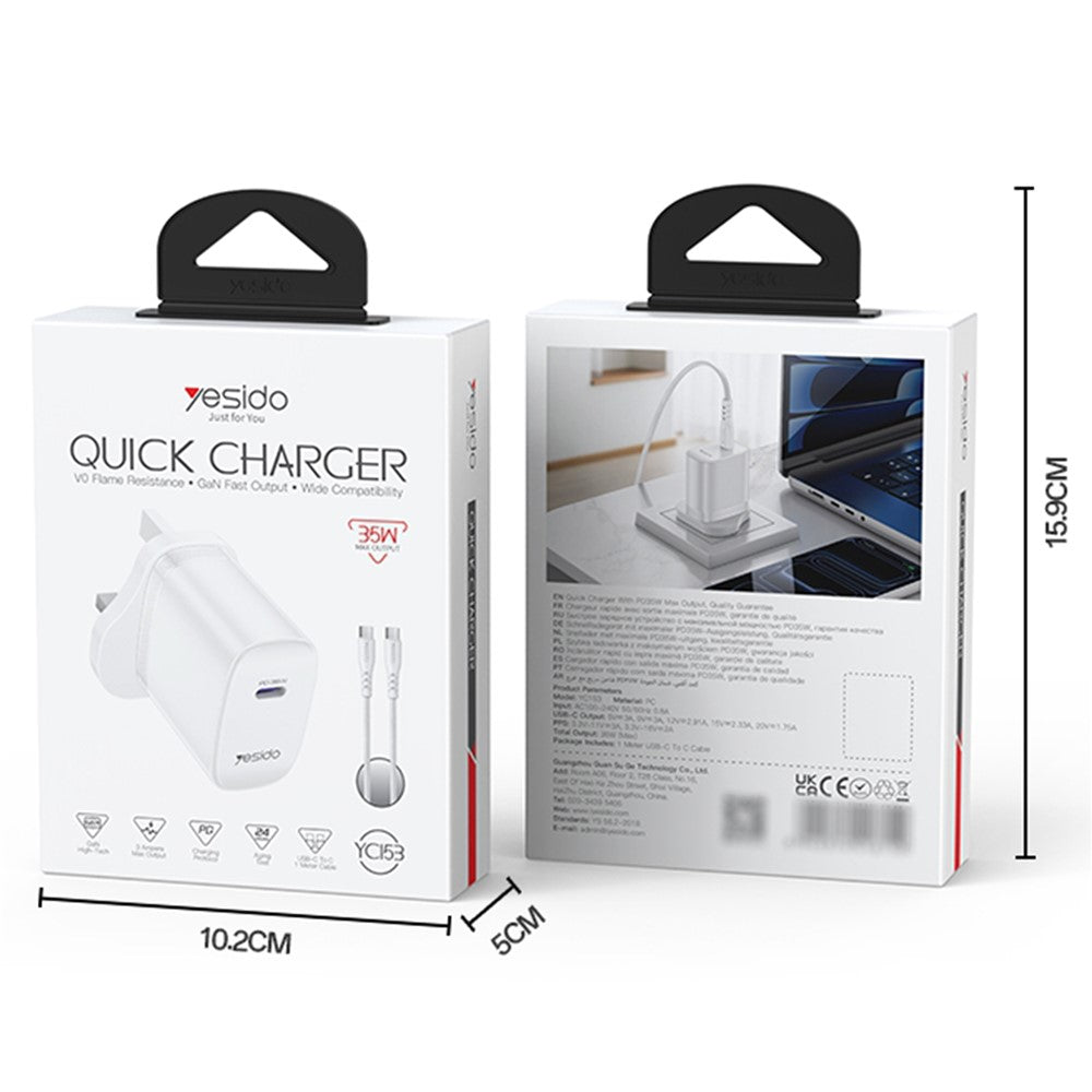 YESIDO YC153 UK Stik PD 35W USB-C Vægoplader Hurtigopladningsadapter med 1m Type-C Kabel til Bærbar Telefon