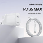 YESIDO YC153 UK Plug PD 35W USB-C Wall Charger Fast Charging Adapter with 1m Type-C Cable for Laptop Phone