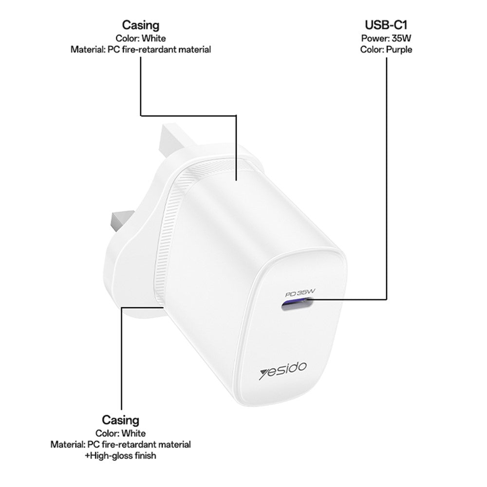 YESIDO YC153 UK Plug PD 35W USB-C Wall Charger Fast Charging Adapter with 1m Type-C Cable for Laptop Phone
