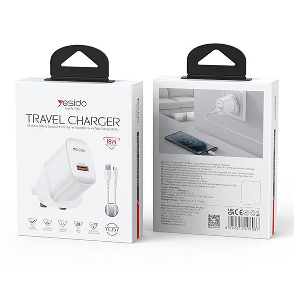 YESIDO YC157 UK Plug QC 3.0 18W USB-A Fast Charging Adapter Wall Charger with 1m USB-A to Type-C Cable