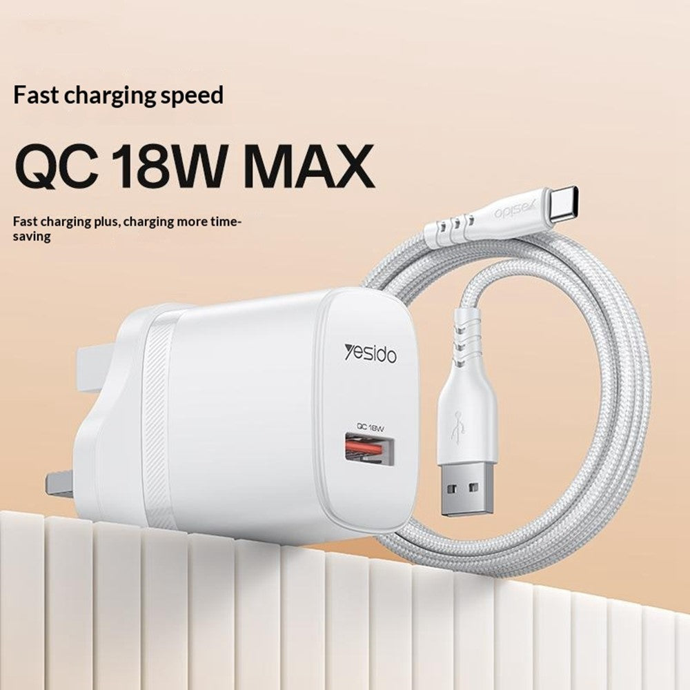 YESIDO YC157 Britisk stik QC 3.0 18W USB-A hurtigopladningsadapter vægoplader med 1 m USB-A til Type-C kabel