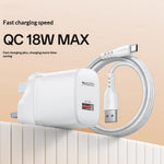 YESIDO YC157 UK Plug QC 3.0 18W USB-A Fast Charging Adapter Wall Charger with 1m USB-A to Type-C Cable