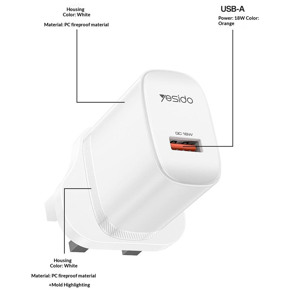 YESIDO YC157 Britisk stik QC 3.0 18W USB-A hurtigopladningsadapter vægoplader med 1 m USB-A til Type-C kabel