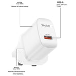 YESIDO YC157 UK Plug QC 3.0 18W USB-A Fast Charging Adapter Wall Charger with 1m USB-A to Type-C Cable