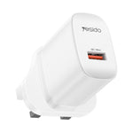 YESIDO YC157 Britisk stik QC 3.0 18W USB-A hurtigopladningsadapter vægoplader med 1 m USB-A til Type-C kabel