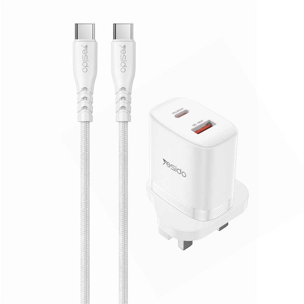 YESIDO YC152 UK Plug PD 20W USB-C + QC 18W USB-A Wall Charger Dual Port Fast Charging Adapter with 1m Type-C Cable