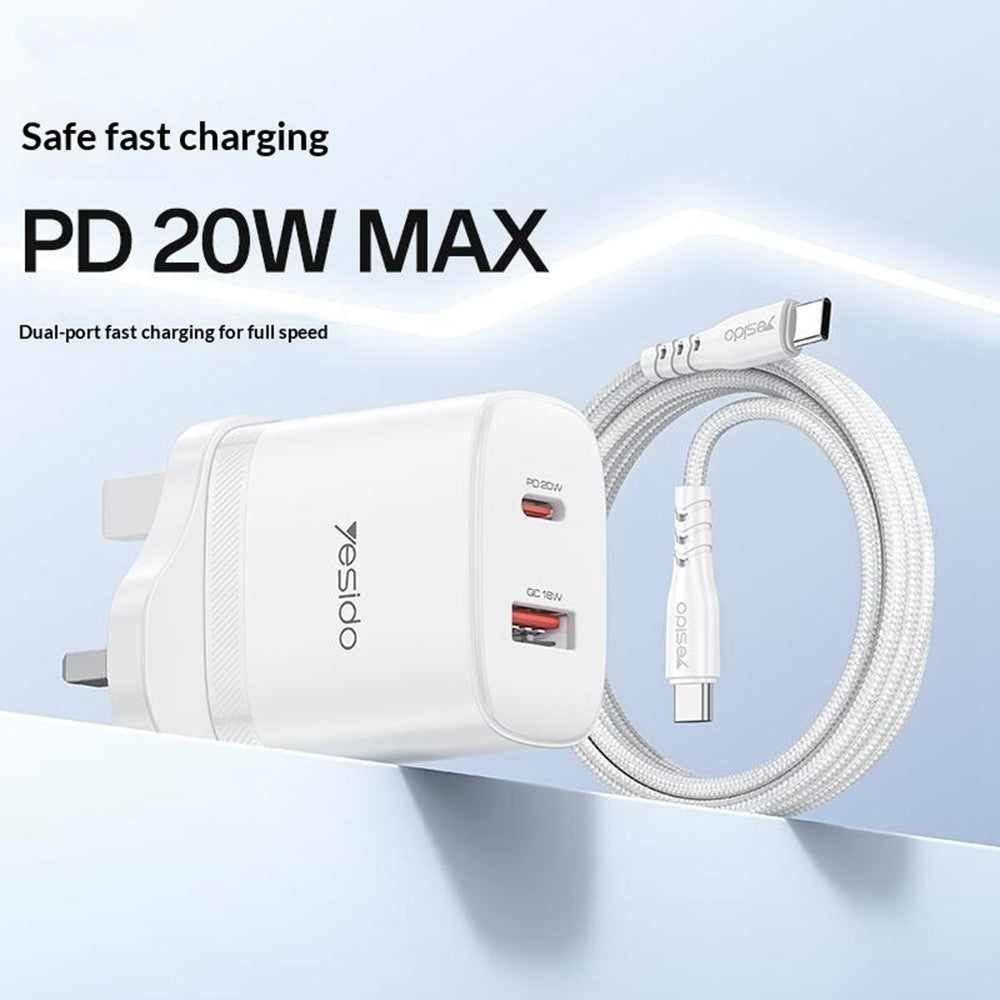YESIDO YC152 UK Plug PD 20W USB-C + QC 18W USB-A Wall Charger Dual Port Fast Charging Adapter with 1m Type-C Cable