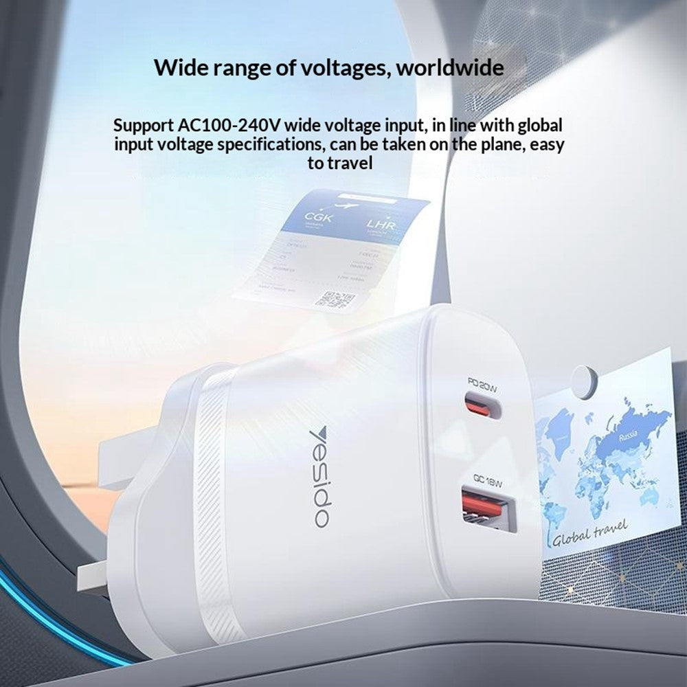 YESIDO YC152 UK Plug PD 20W USB-C + QC 18W USB-A Wall Charger Dual Port Fast Charging Adapter with 1m Type-C Cable