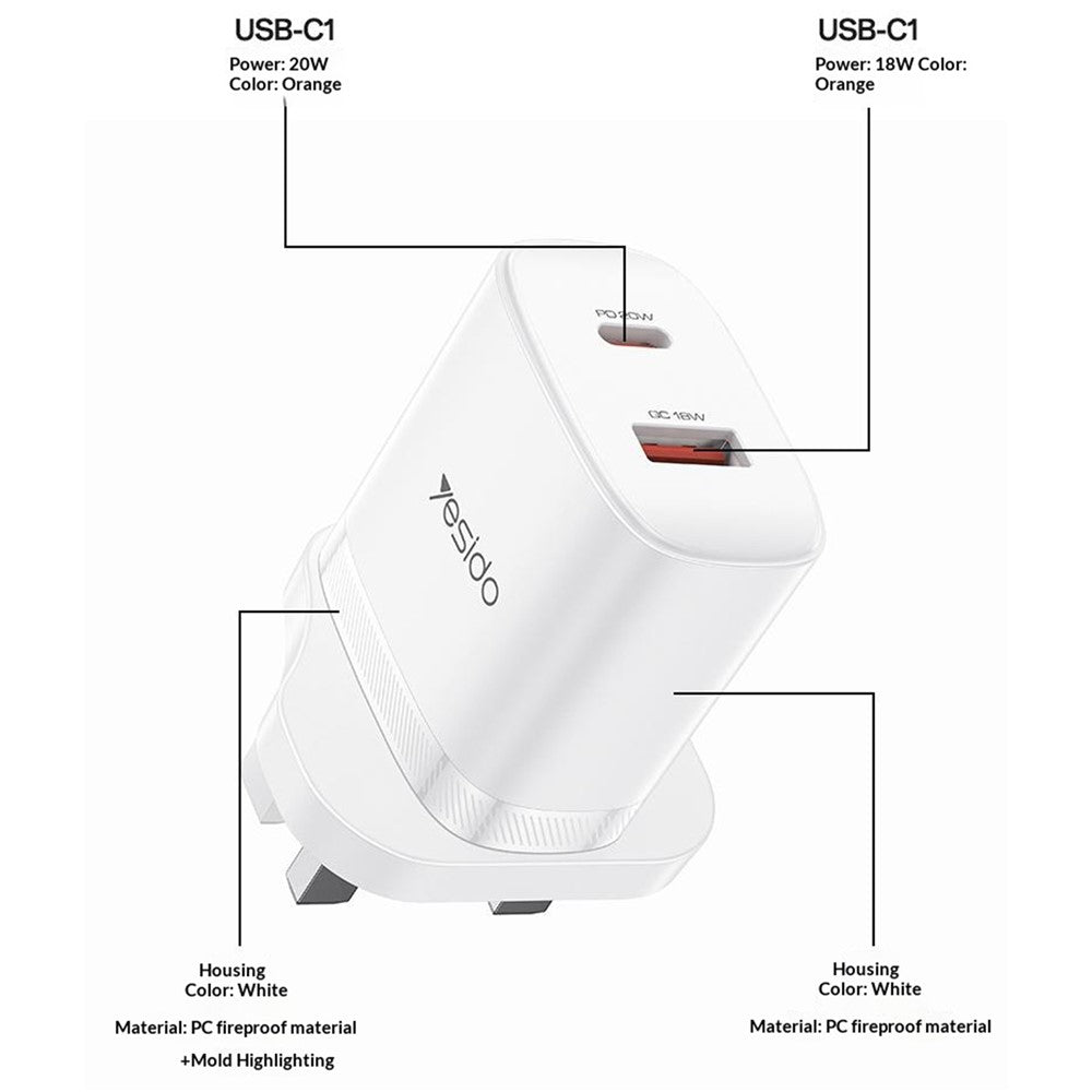 YESIDO YC152 UK Plug PD 20W USB-C + QC 18W USB-A Wall Charger Dual Port Fast Charging Adapter with 1m Type-C Cable
