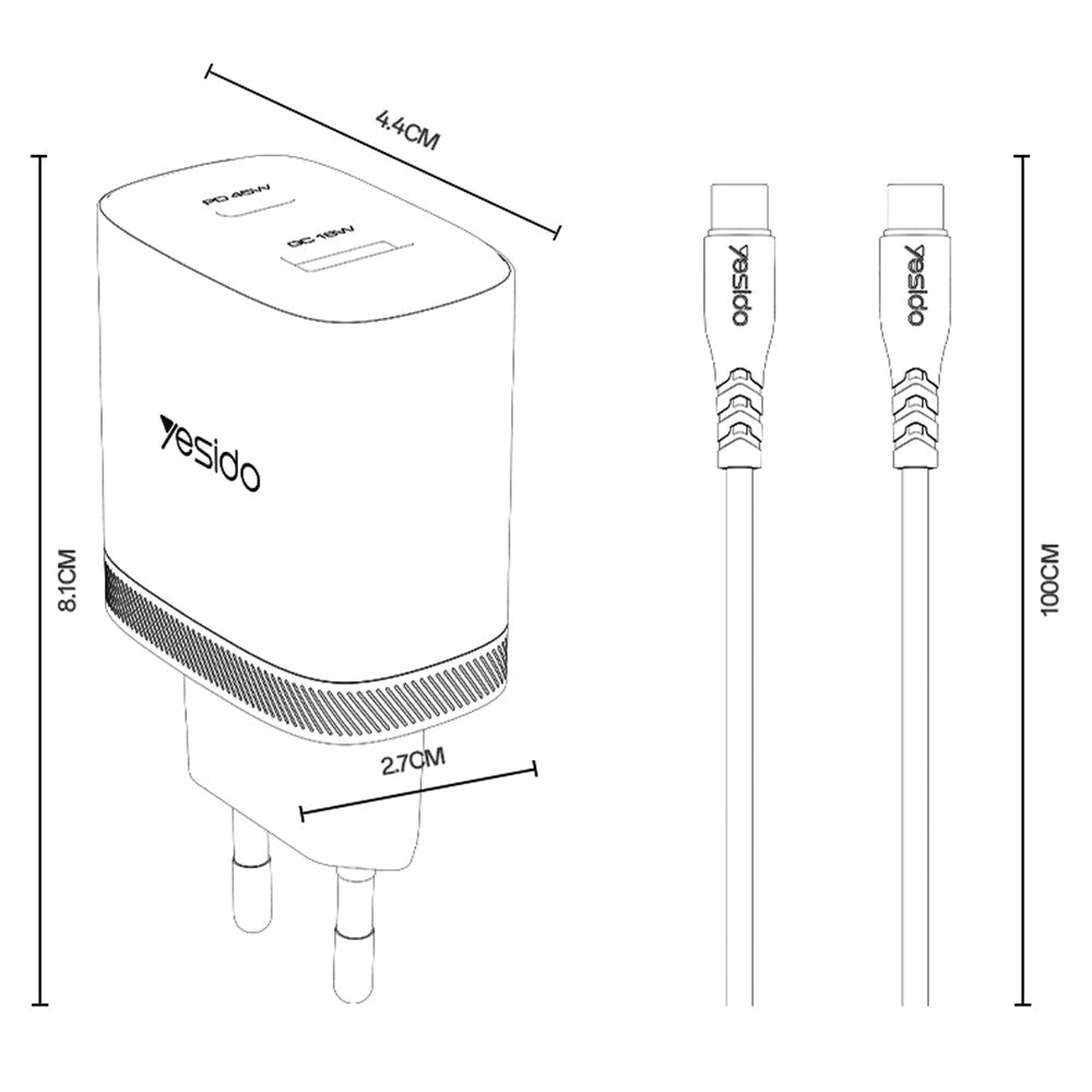 YESIDO YC110 EU-stik PD 45W USB-C + QC 18W USB-A Vægoplader Dobbeltport Lynopladningsadapter med 1m Type-C-kabel