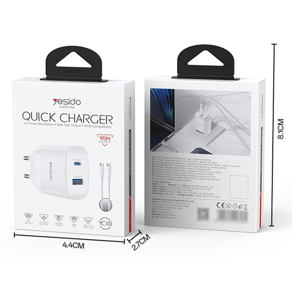 YESIDO YC110 EU-stik PD 45W USB-C + QC 18W USB-A Vægoplader Dobbeltport Lynopladningsadapter med 1m Type-C-kabel