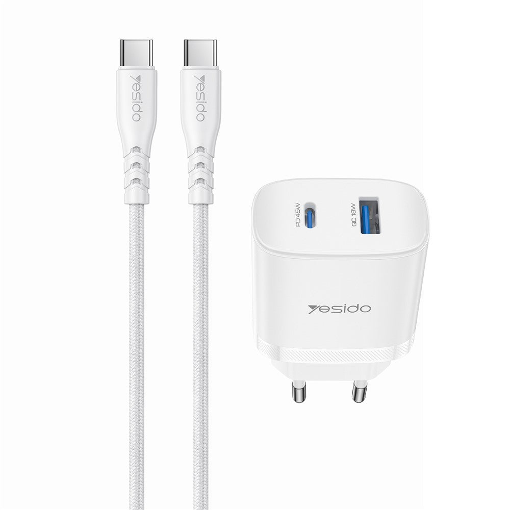 YESIDO YC110 EU Plug PD 45W USB-C + QC 18W USB-A Wall Charger Dual Port Fast Charging Adapter with 1m Type-C Cable
