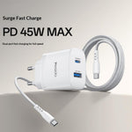 YESIDO YC110 EU Plug PD 45W USB-C + QC 18W USB-A Wall Charger Dual Port Fast Charging Adapter with 1m Type-C Cable