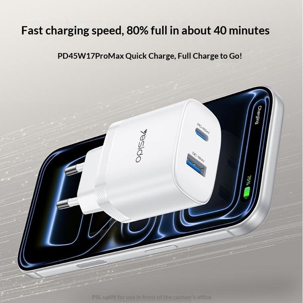 YESIDO YC110 EU-stik PD 45W USB-C + QC 18W USB-A Vægoplader Dobbeltport Lynopladningsadapter med 1m Type-C-kabel