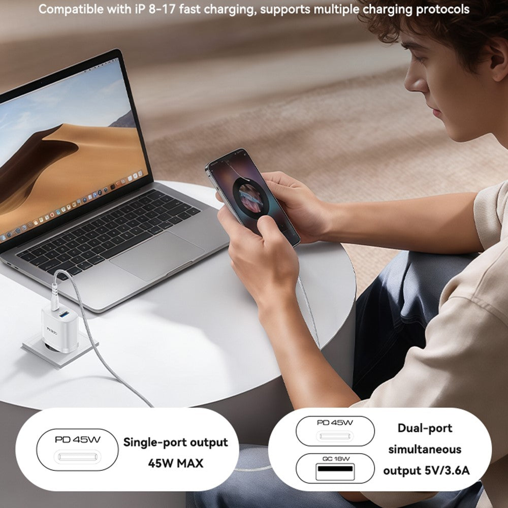 YESIDO YC110 EU-stik PD 45W USB-C + QC 18W USB-A Vægoplader Dobbeltport Lynopladningsadapter med 1m Type-C-kabel