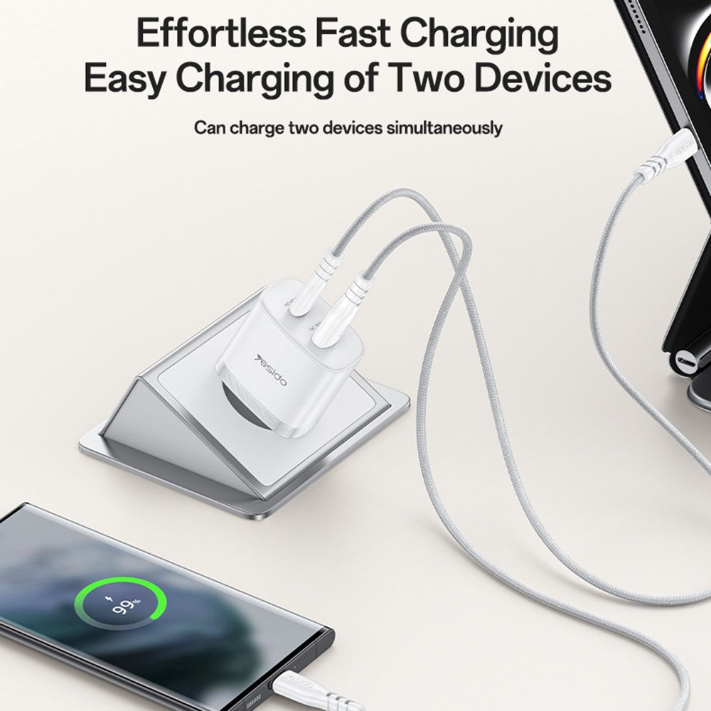 YESIDO YC110 EU-stik PD 45W USB-C + QC 18W USB-A Vægoplader Dobbeltport Lynopladningsadapter med 1m Type-C-kabel