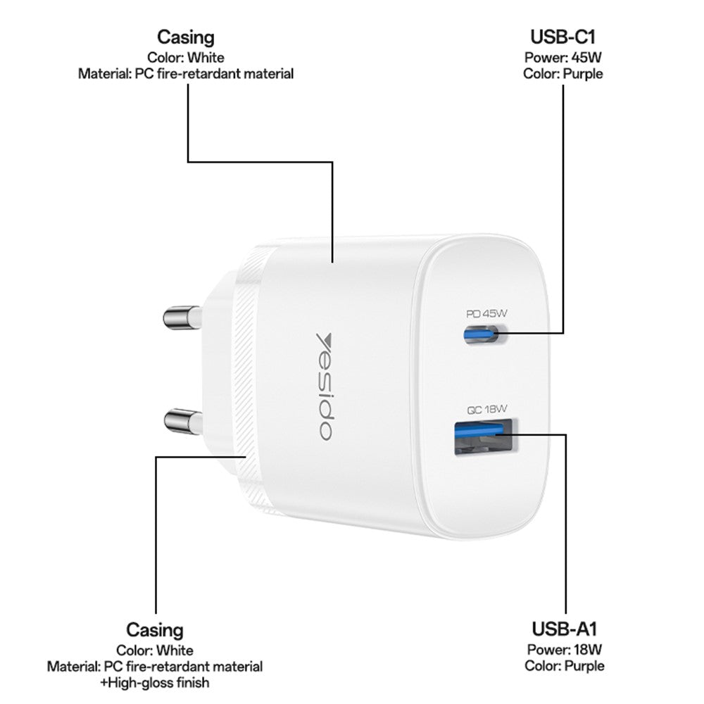 YESIDO YC110 EU Plug PD 45W USB-C + QC 18W USB-A Wall Charger Dual Port Fast Charging Adapter with 1m Type-C Cable