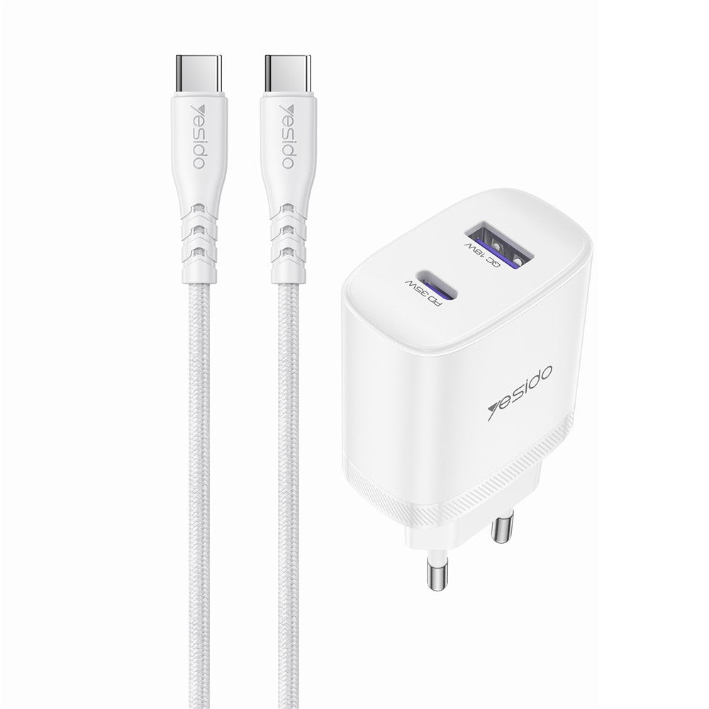 YESIDO YC108 EU Plug PD 35W USB-C + QC 18W USB-A Wall Charger Dual Port Fast Charging Adapter with 1m Type-C Cable