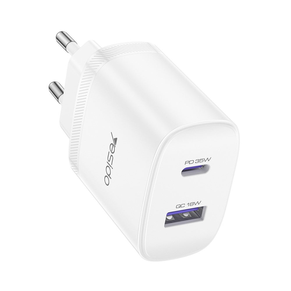 YESIDO YC108 EU Plug PD 35W USB-C + QC 18W USB-A Wall Charger Dual Port Fast Charging Adapter with 1m Type-C Cable