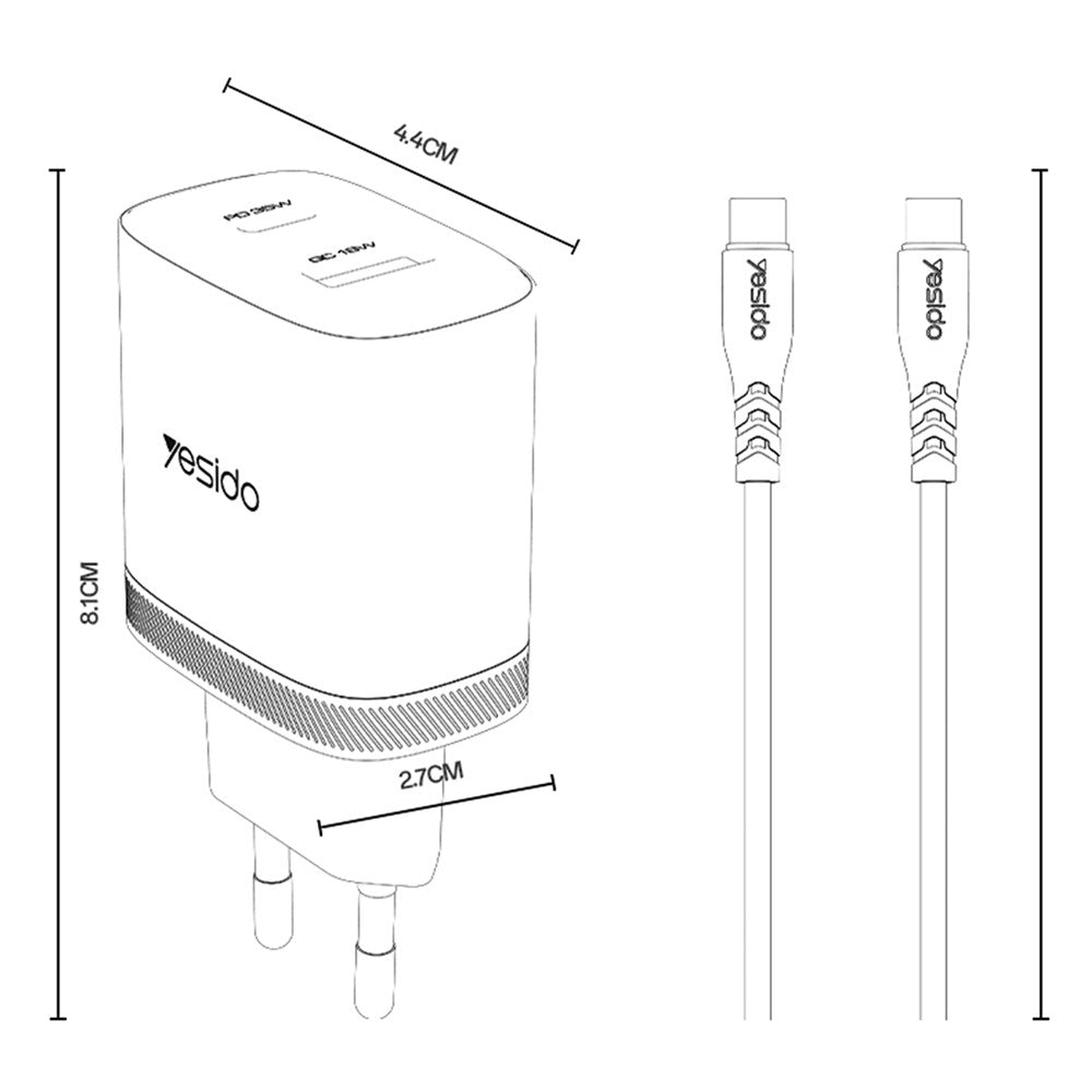 YESIDO YC108 EU Plug PD 35W USB-C + QC 18W USB-A Wall Charger Dual Port Fast Charging Adapter with 1m Type-C Cable