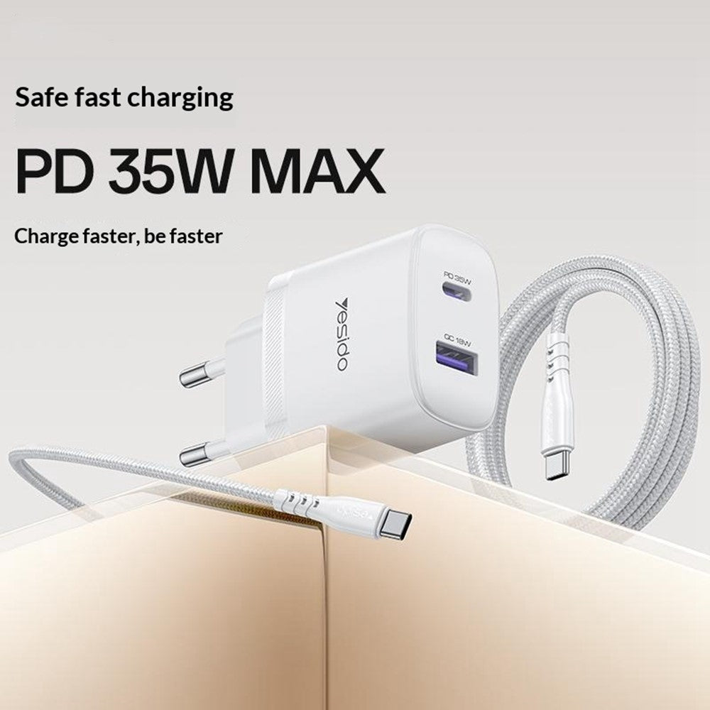 YESIDO YC108 EU Plug PD 35W USB-C + QC 18W USB-A Wall Charger Dual Port Fast Charging Adapter with 1m Type-C Cable