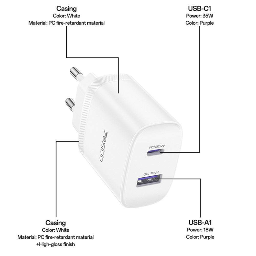 YESIDO YC108 EU Plug PD 35W USB-C + QC 18W USB-A Wall Charger Dual Port Fast Charging Adapter with 1m Type-C Cable