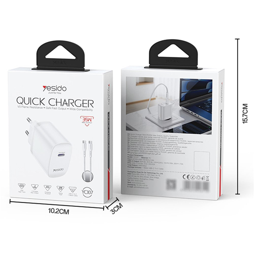 YESIDO YC107 EU Plug PD 35W USB-C Wall Charger Fast Charging Adapter with 1m Type-C Cable for Laptop Phone