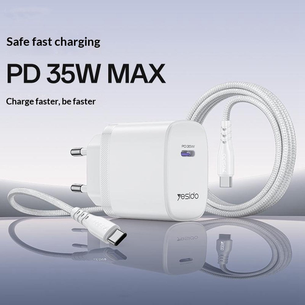 YESIDO YC107 EU-stik PD 35W USB-C vægoplader hurtigopladningsadapter med 1 m Type-C kabel til bærbar computer, telefon