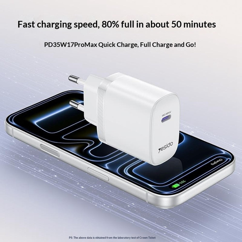 YESIDO YC107 EU-stik PD 35W USB-C vægoplader hurtigopladningsadapter med 1 m Type-C kabel til bærbar computer, telefon