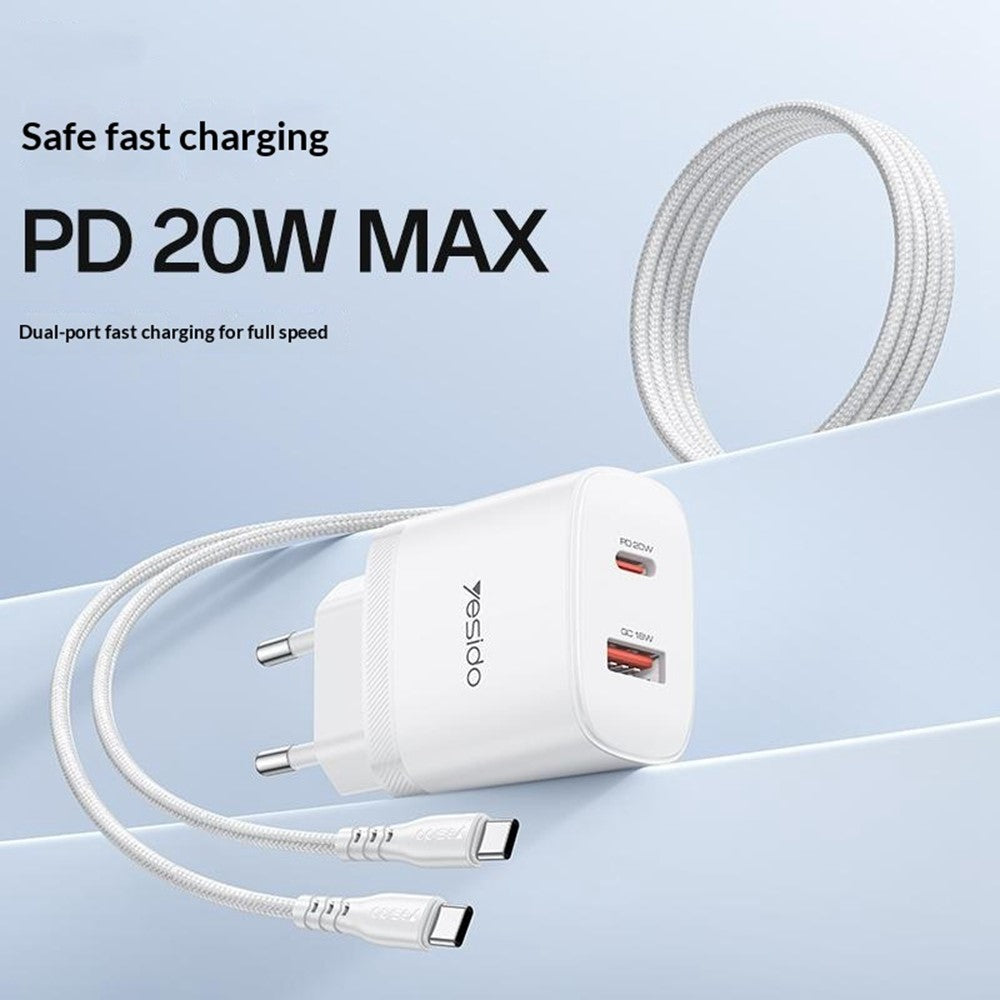 YESIDO YC106 EU-stik PD 20W USB-C + QC 18W USB-A Vægoplader Dual Port Hurtigopladningsadapter med 1m Type-C-kabel