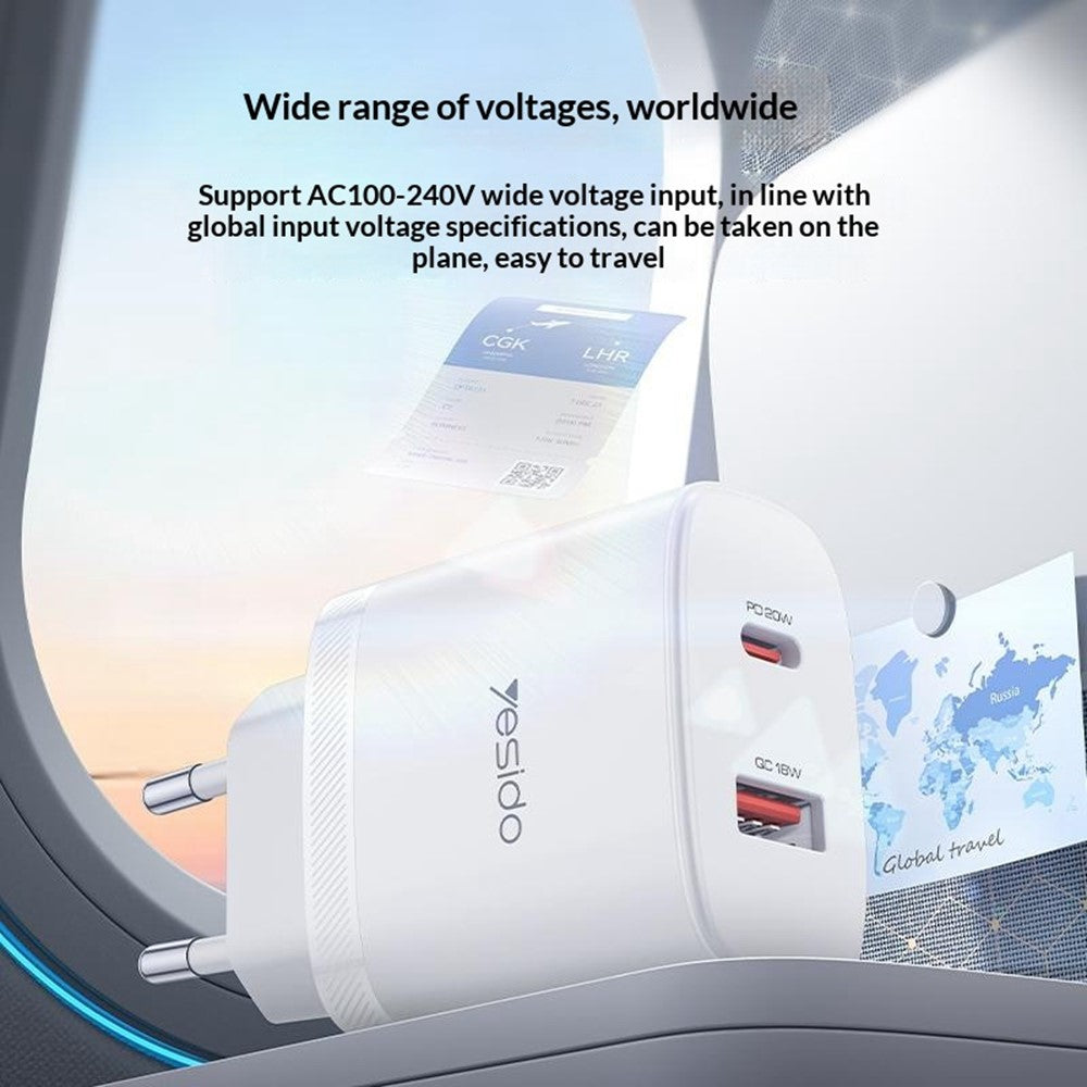 YESIDO YC106 EU Plug PD 20W USB-C + QC 18W USB-A Wall Charger Dual Port Fast Charging Adapter with 1m Type-C Cable