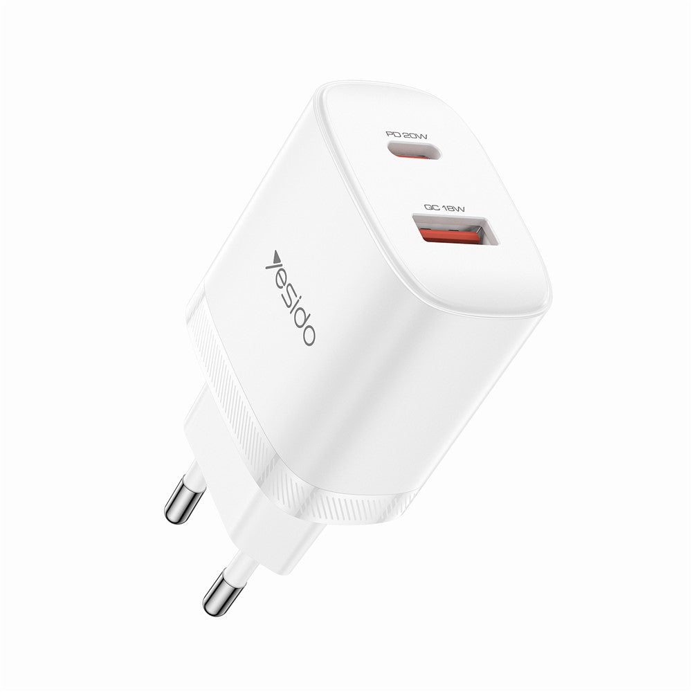 YESIDO YC106 EU Plug PD 20W USB-C + QC 18W USB-A Wall Charger Dual Port Fast Charging Adapter with 1m Type-C Cable