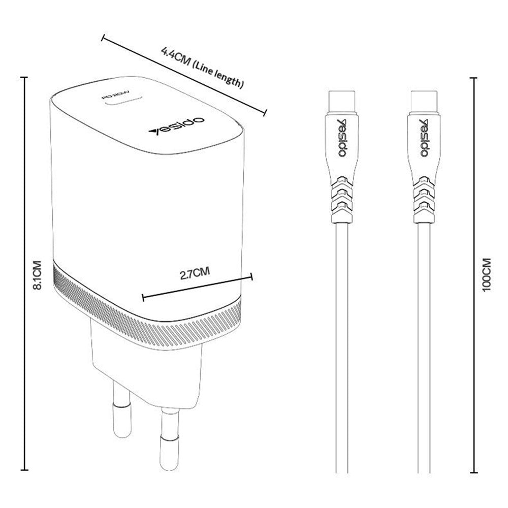 YESIDO YC105 EU Plug PD 20W USB-C Fast Charging Adapter Wall Charger with 1m Type-C Cable for iPhone iPad