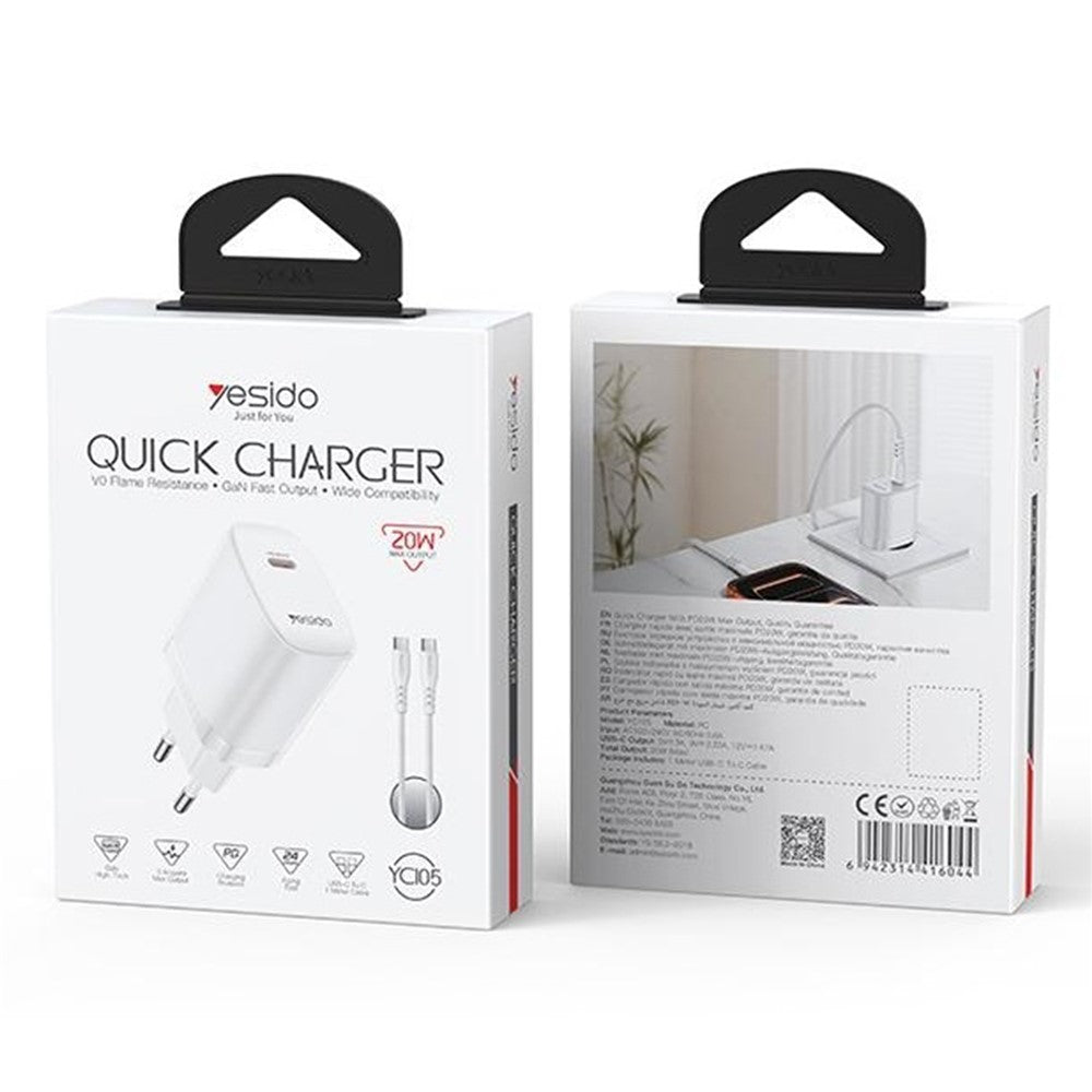 YESIDO YC105 EU Plug PD 20W USB-C Fast Charging Adapter Wall Charger with 1m Type-C Cable for iPhone iPad